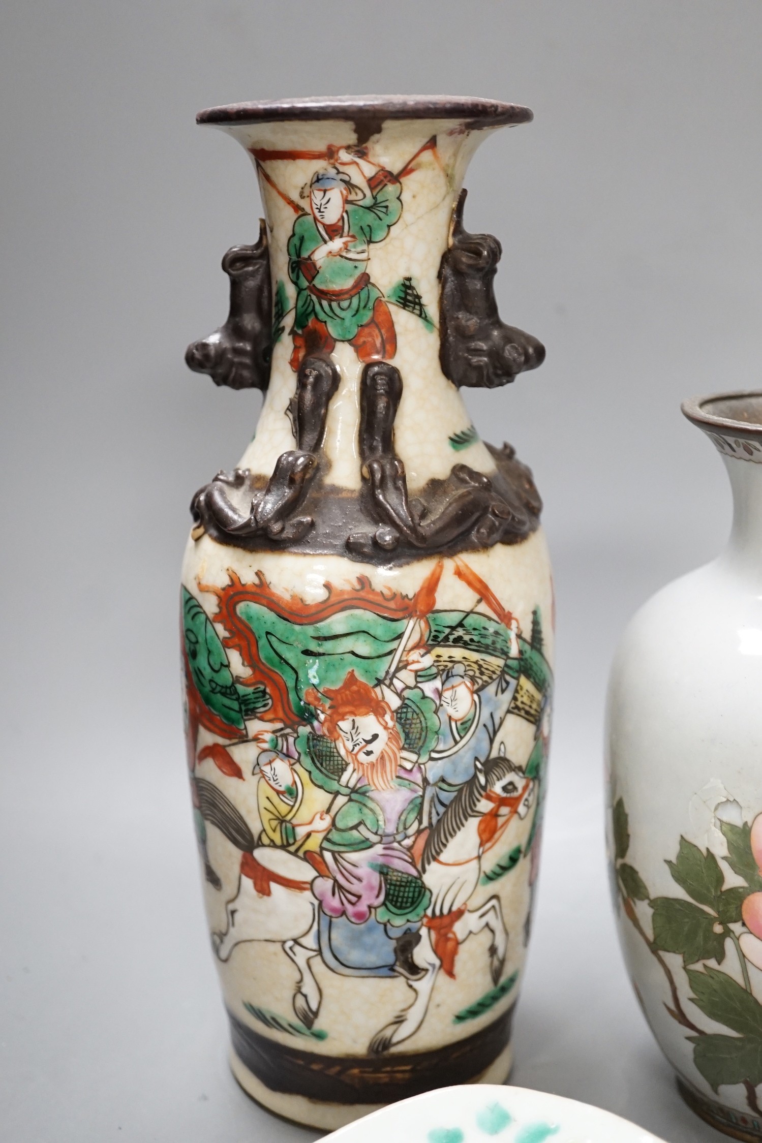 A group of 19th century Chinese porcelain dishes and a vase, and a Japanese ‘bird’ carving etc.